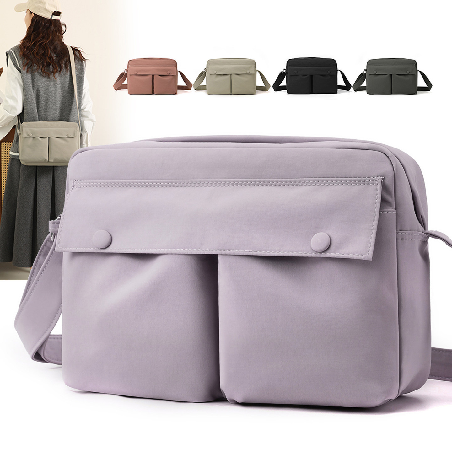 极简风多口袋斜挎包女轻便百搭通勤防水小方包休闲时尚尼龙单肩包