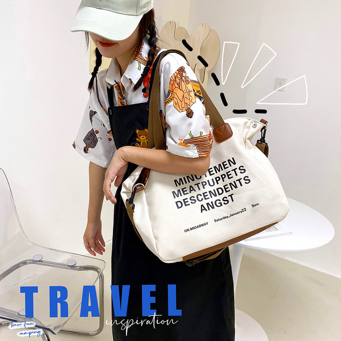 韩系学院风字母印花帆布托特包女大容量通勤百搭单肩包休闲斜挎包