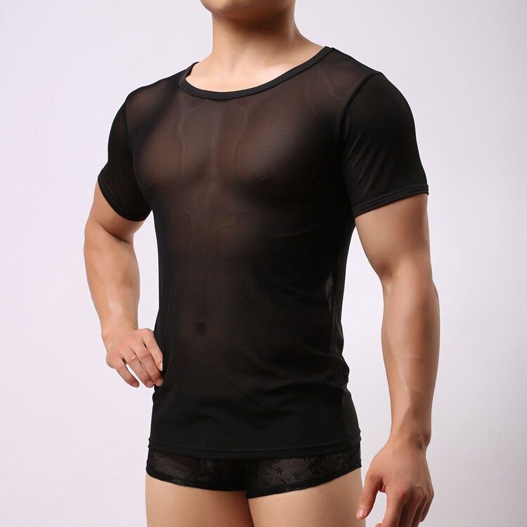 男士短袖全透明网纱T血休闲上衣性感韩版情趣内衣夜店演出服装