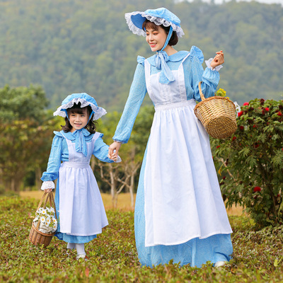 欧州中世纪蓝色女仆卖花女COS扮演连衣裙化剧舞台表演服装 亲子装