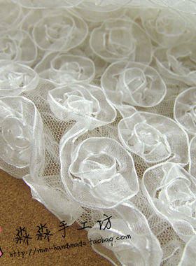 2021新款婚纱布料 白色网纱缎带立体花盘花 会场礼服网纱蕾丝面料