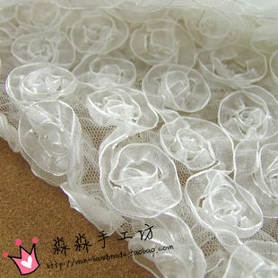2021新款婚纱布料 白色网纱缎带立体花盘花 会场礼服网纱蕾丝面料