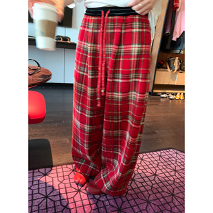 落落狷介裤子女冬季加绒小个子红色格子阔腿裤2025年新款保暖长裤
