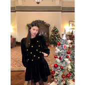 落落狷介连衣裙2024新款 女秋冬黑色丝绒裙子小个子泡泡袖 冬裙中裙