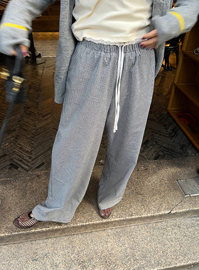 落落狷介格子阔腿裤女2025年新款裤子宽松bf慵懒风小个子系带高腰