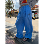 子女夏薄款 2025年新款 松紧腰蓝色亚麻阔腿裤 落落狷介裤 小个子裤 子