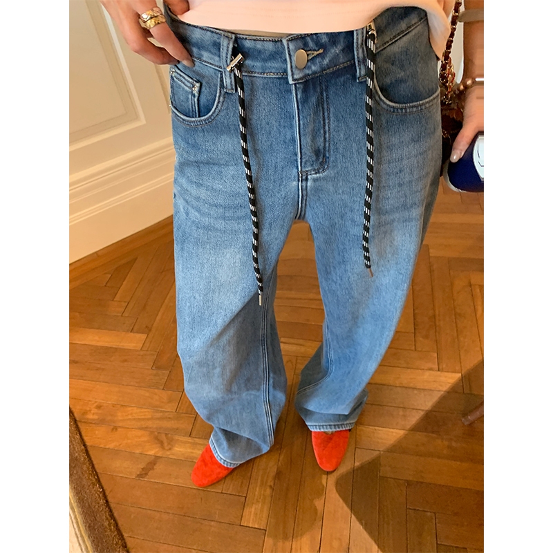 落落狷介高腰加绒牛仔阔腿裤女