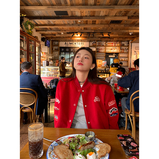 落落狷介 红色呢子棒球服小个子外套 秋冬独特超好看外套2025新款