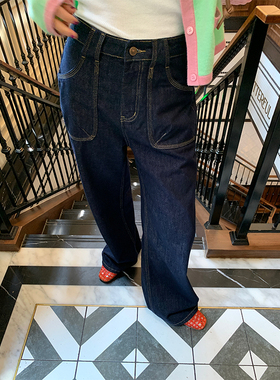 落落狷介 阔腿牛仔裤2025年新款女春秋高腰宽松深蓝色裤子小个子