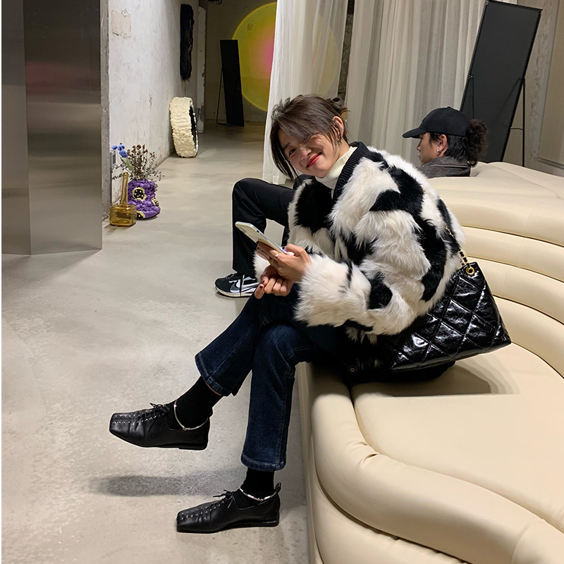 落落狷介新款花色短外套针织拼接