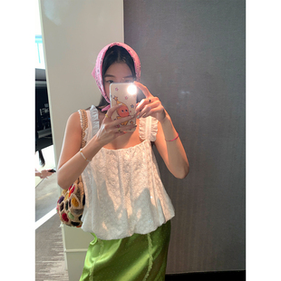 落落狷介吊带背心女夏外穿2026年新款 小个子 白色宽松蕾丝上衣无袖