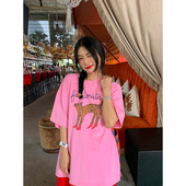 t恤女2025新款 落落狷介 短袖 粉色小个子宽松独特超好看上衣设计感