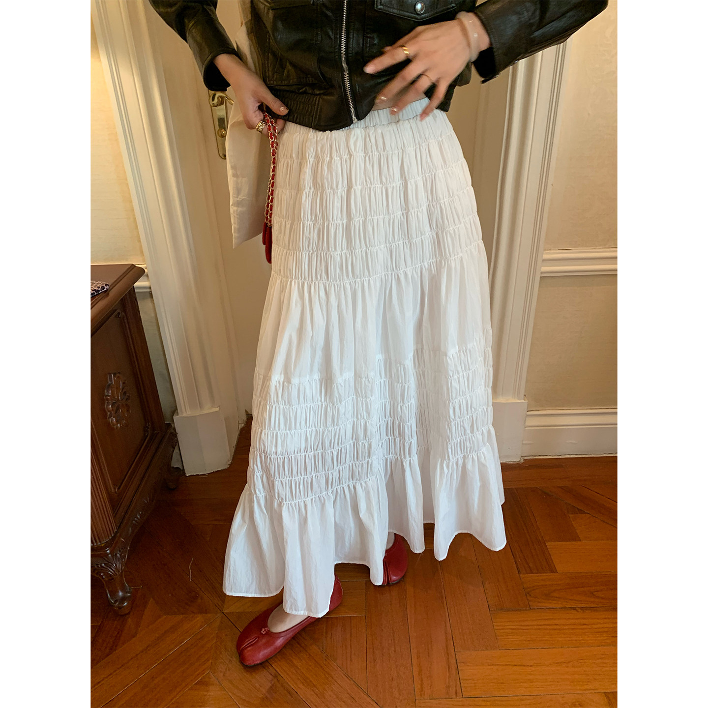 落落狷介 半身裙秋长款白色设计感小众半裙2025新款小个子松紧腰