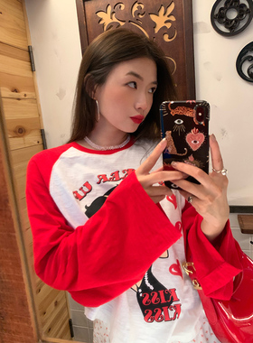 落落狷介 长袖T恤女洋气独特别致上衣设计感红色插肩袖宽松早秋