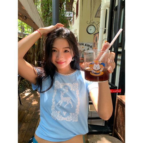 落落狷介蓝色刺绣T恤女