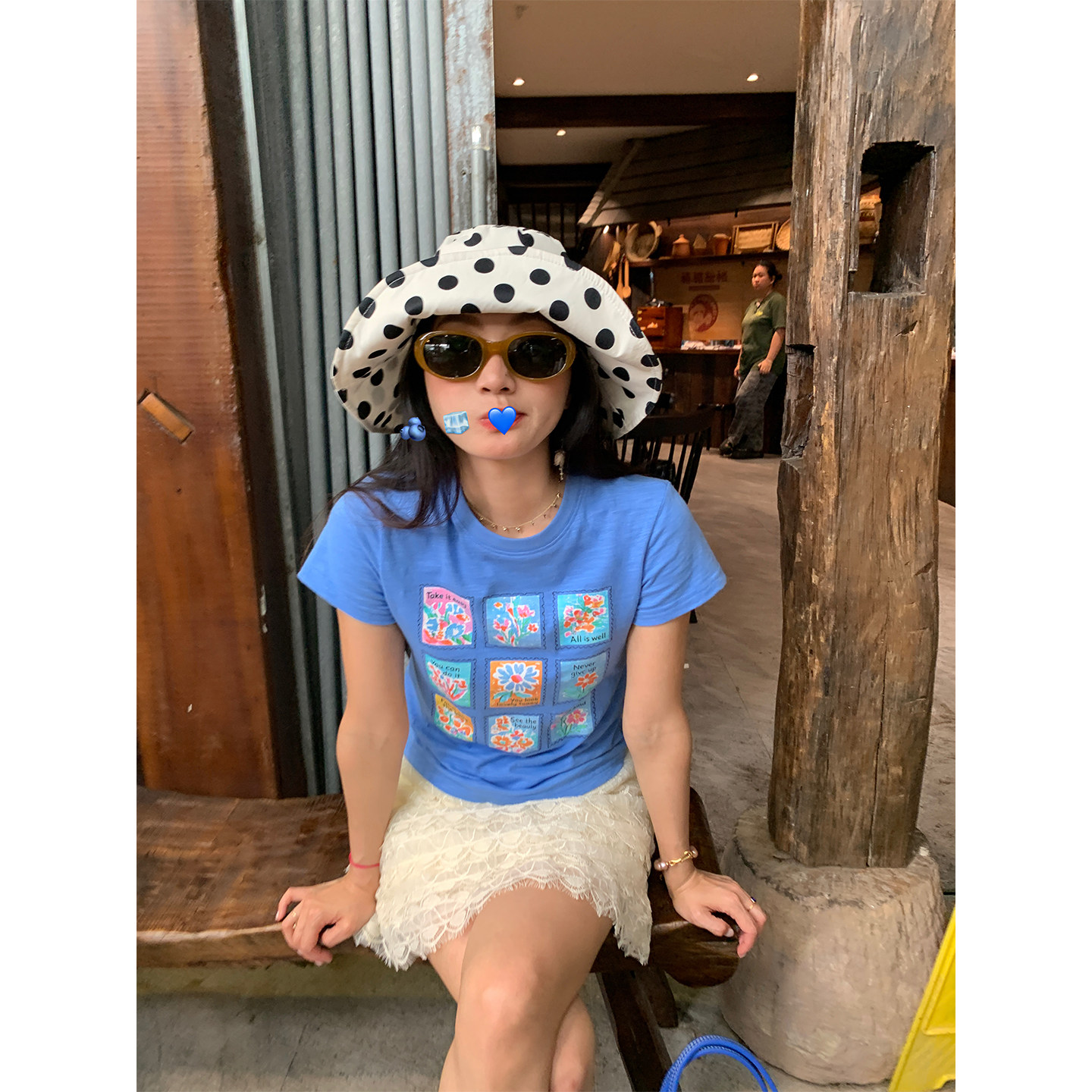 落落狷介 短袖t恤女2026新款蓝色短款显瘦上衣小个子夏季穿搭小众