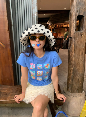 落落狷介 短袖t恤女2026新款蓝色短款显瘦上衣小个子夏季穿搭小众
