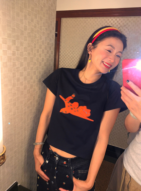 落落狷介 短袖女t恤2025新款夏日ootd穿搭藏青色小个子印花上衣