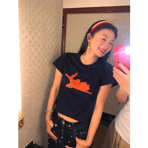 落落狷介短袖印花藏青色T恤女