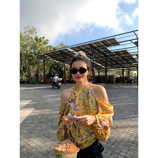 上衣小个子宽松衬衣女 露肩碎花长袖 落落狷介 2026独特超好看衬衫