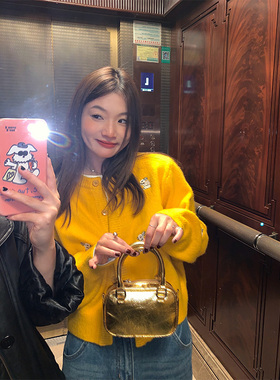 落落狷介 开衫毛衣女款2025新款冬季设计感小众外穿上衣黄色外套