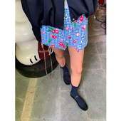 落落狷介蓝色格子碎花裤 设计感小众半身裙小个子短裙 裙女2024新款