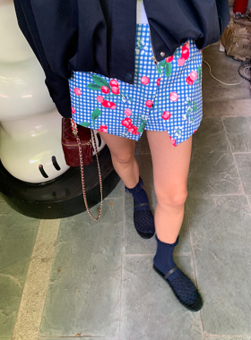 落落狷介蓝色格子碎花裤裙女2024新款设计感小众半身裙小个子短裙