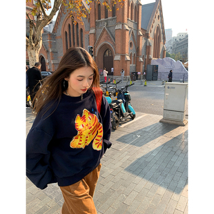 设计感小众加绒卫衣女 穿搭藏青色2025年新款 落落狷介 多巴胺秋季