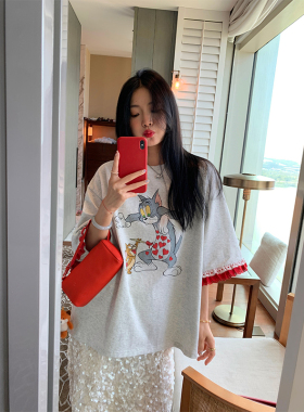 落落狷介 短袖女t恤春夏宽松小个子2026年这款设计感蕾丝拼接灰色