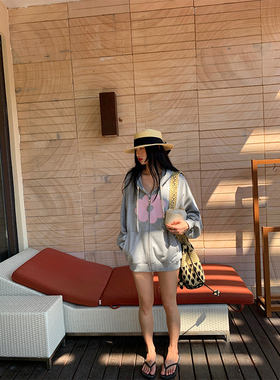 落落狷介 卫衣女2025新款灰色连帽开衫外套小个子刺绣开春设计感