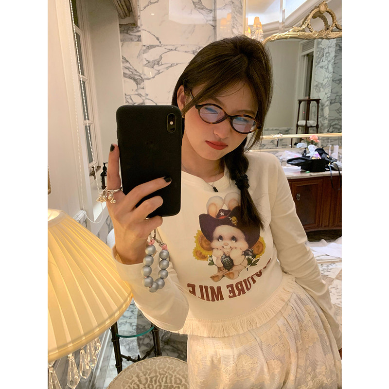 落落狷介 杏色长袖上衣2025年新款设计感流苏打底T恤女显瘦多巴胺