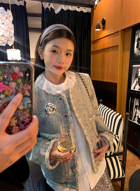 落落狷介灰色小香风毛呢外套女2024年新款小个子短款呢子外套小众