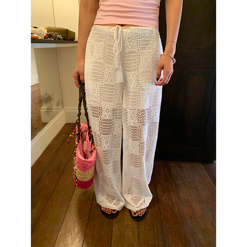 落落狷介 裤子女2025新款白色镂空针织裤小个子松紧腰阔腿裤高腰,女装/女士精品,休闲裤,淘宝优惠券,粉丝福利购,淘宝优惠卷