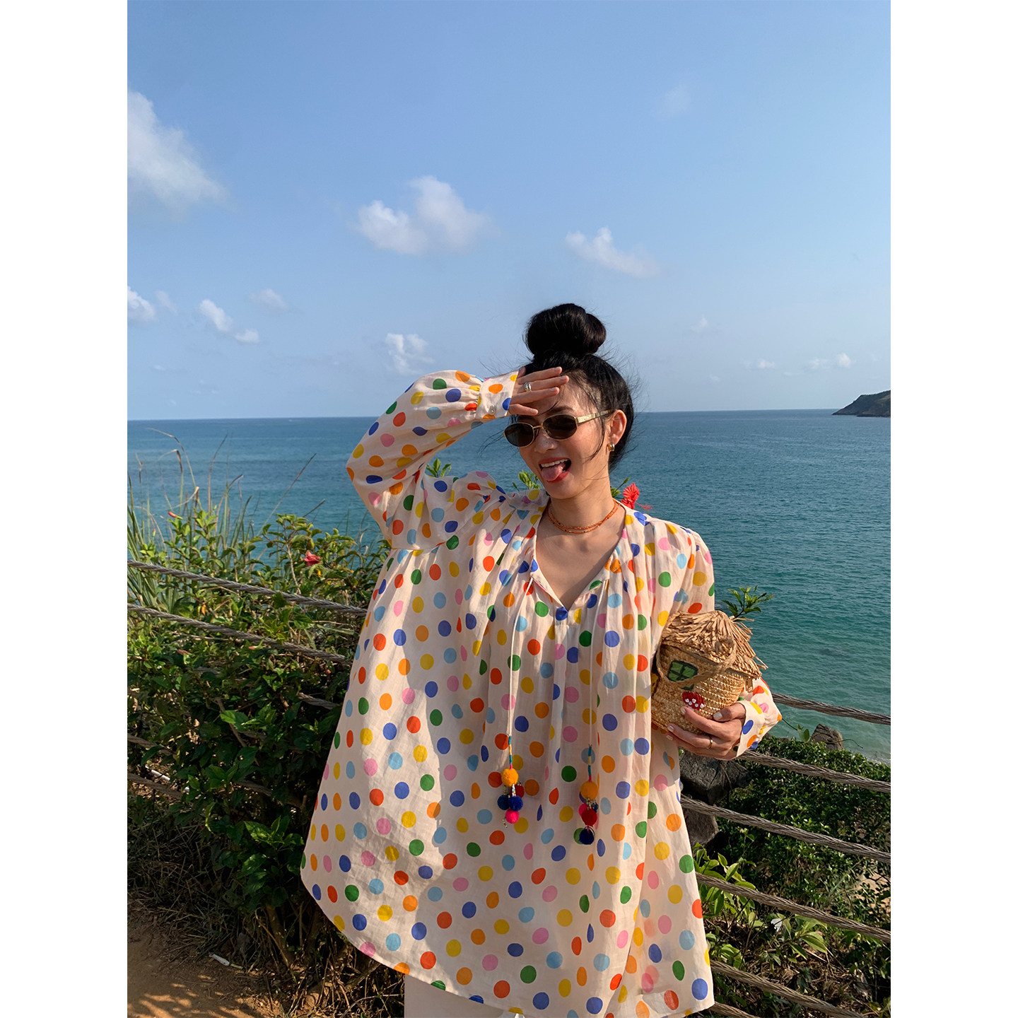 落落狷介 2026独特超好看衬衫女宽松小个子套头波点印花上衣苎麻