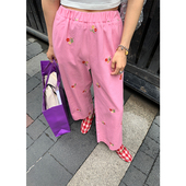 子刺绣松紧腰阔腿裤 落落狷介 女2026年粉色裤 春秋款 设计感 牛仔裤
