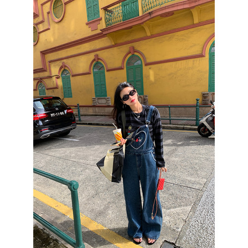 落落狷介刺绣牛仔背带裤女