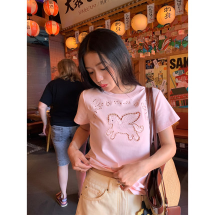 落落狷介 设计感上衣刺绣短袖T恤女2026新款初夏小个子镂空粉色