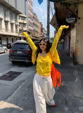 落落狷介 独特漂亮初春上衣黄色刺绣两件套针织衫开衫+吊带外搭