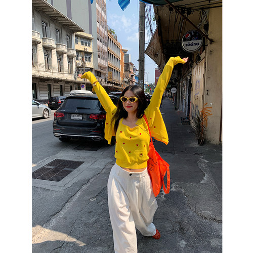 落落狷介黄色刺绣两件套针织衫