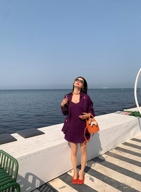 落落狷介 今年流行的女装套装两件套紫色衬衫+吊带裙夏装一整套