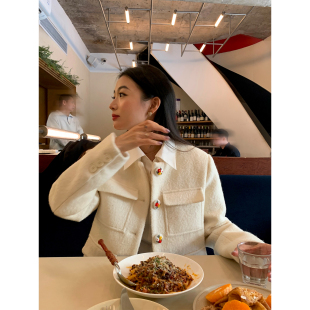 冬季 毛呢外套女2025年新款 夹棉羊毛外套小个子白色 短款 落落狷介