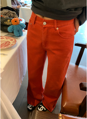 落落狷介 版型超好看的裤子2025新款秋冬红色牛仔裤小个子直筒裤