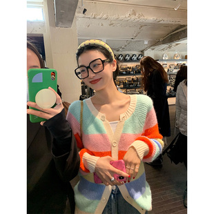 开衫 短上衣外穿粗条纹针织衫 毛衣女2025年春装 长袖 新款 落落狷介