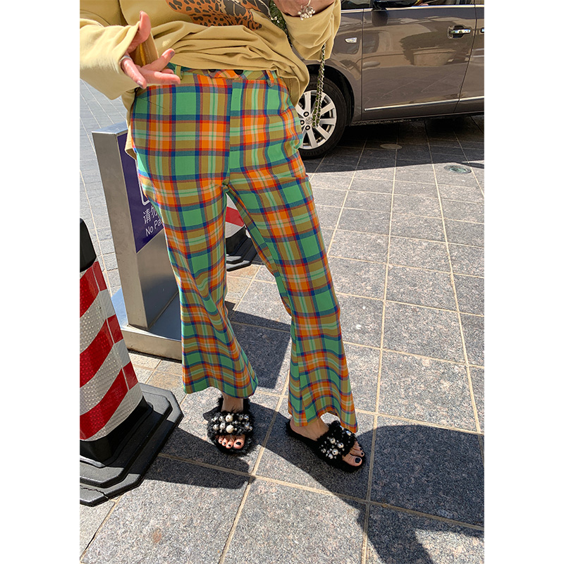 落落狷介高腰格子喇叭裤女