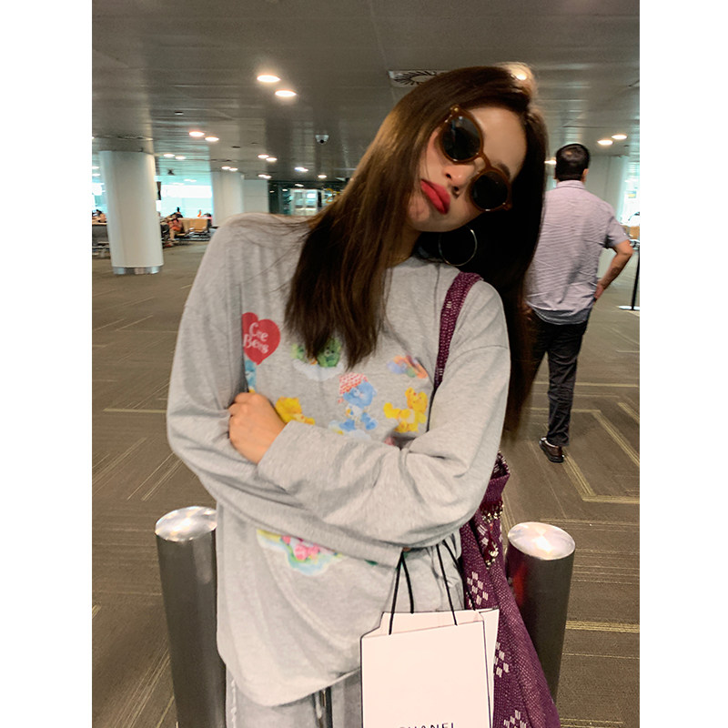 落落狷介 灰色长袖T恤女2025年秋季新款设计感印花宽松小个子上衣,女装/女士精品,T恤,淘宝优惠券,粉丝福利购,淘宝优惠卷