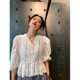 夏薄款 2025新款 白色蕾丝衫 女V领蕾丝上衣修身 落落狷介 泡泡袖 夏装