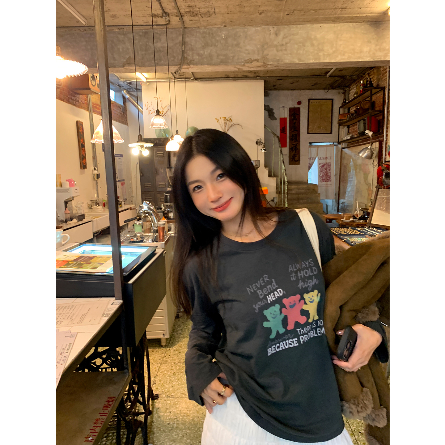 落落狷介 长袖上衣女2025新款深灰色小个子宽松T恤打底外穿早秋