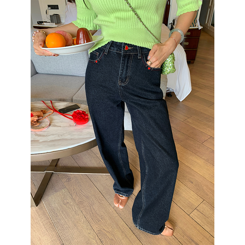 落落狷介宽松高腰刺绣牛仔裤女