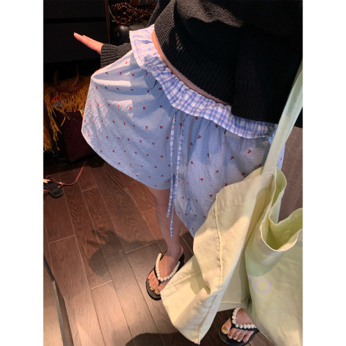 落落狷介松紧腰系带刺绣短裤女