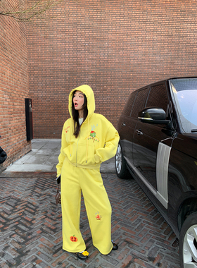 落落狷介 运动套装女2025新款两件套黄色连帽开衫卫衣+卫裤松紧腰